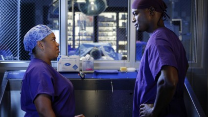 Grey's Anatomy's Miranda Bailey and Private Practice's Sam Bennett stare at each other.